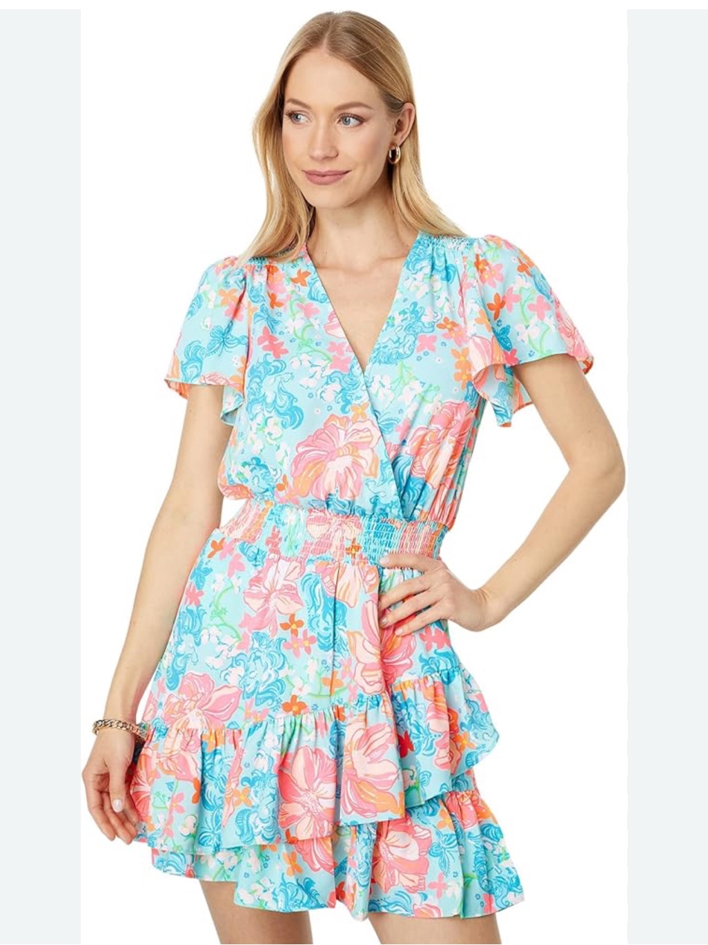 Lilly Pulitzer Aqua Background Floral Mini Dress With Coral Accents